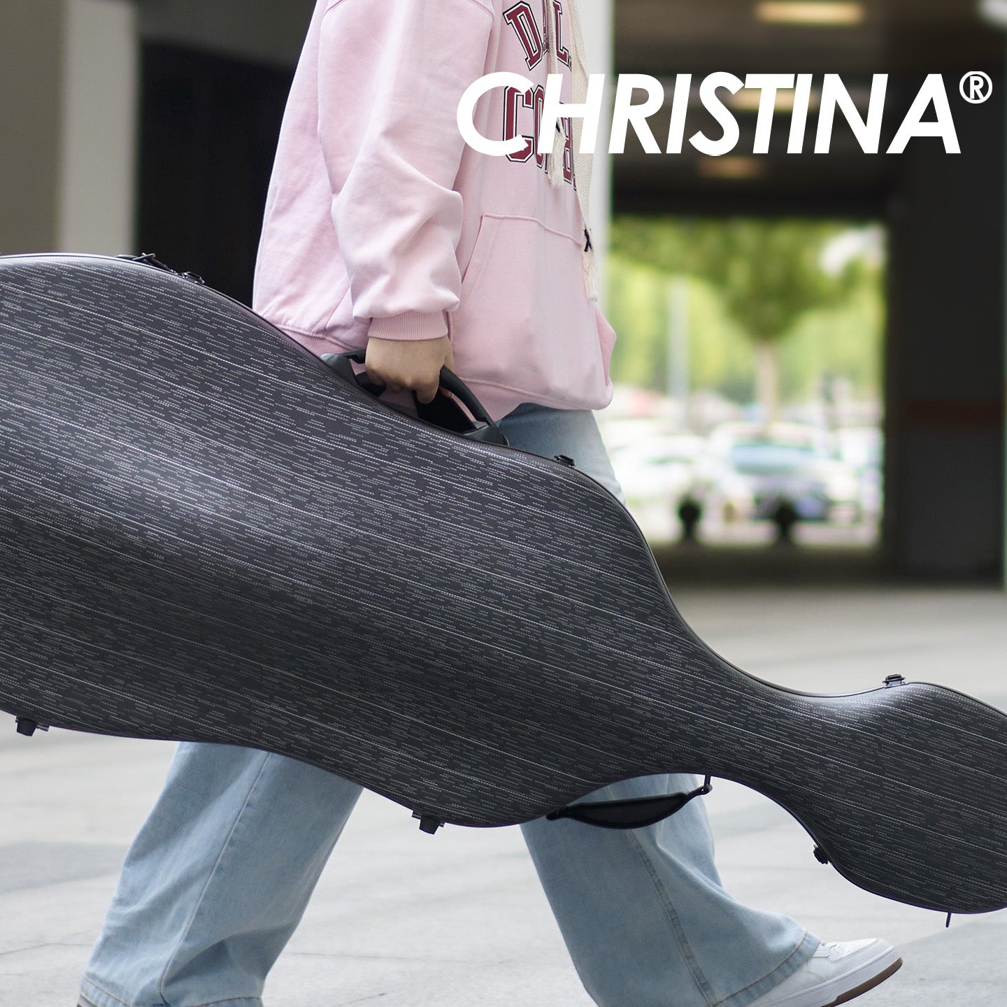 Side view of lightweight 4/4 cello case with wheels and waterproof black hard shell design