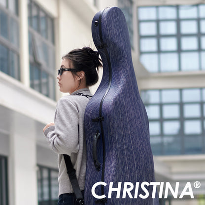 Musician carrying lightweight hard cello case with wheels and waterproof blue exterior design