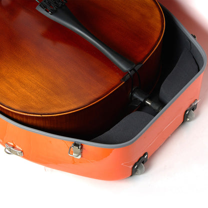 Soft padded interior of lightweight 4/4 cello case with protective suspension lining for cellos