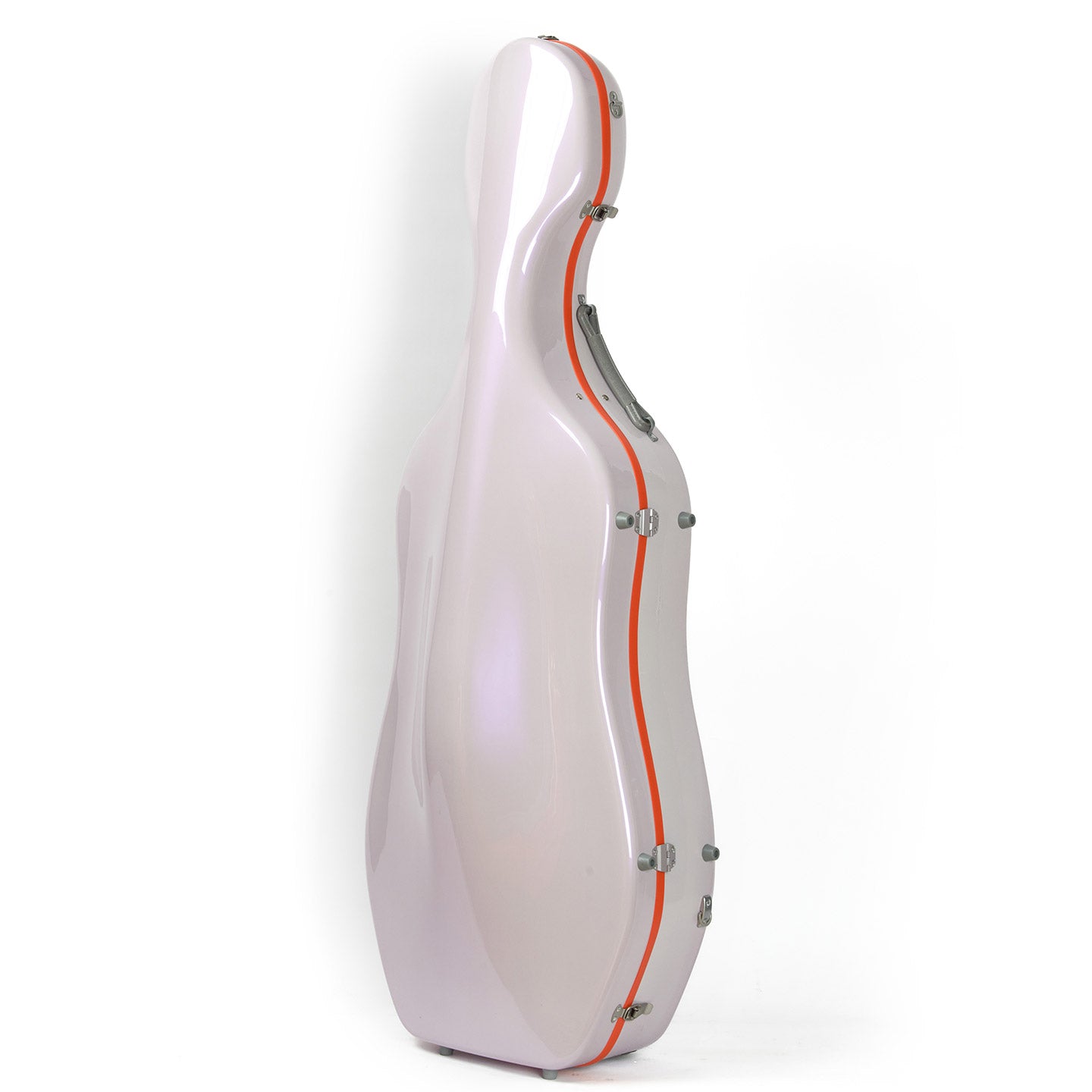 Rear view of lightweight 4/4 cello case with smooth curved hard shell structure for travel