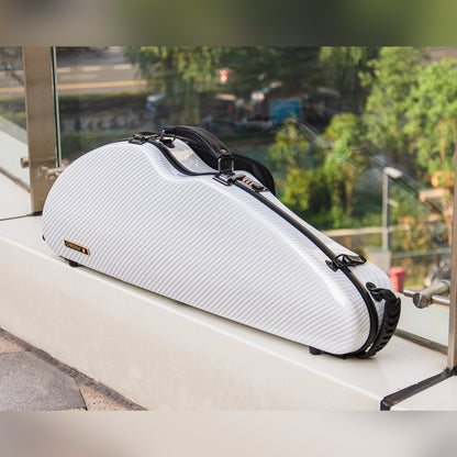 Front angle view of waterproof 4/4 violin case polycarbonate with modern wood grain finish
