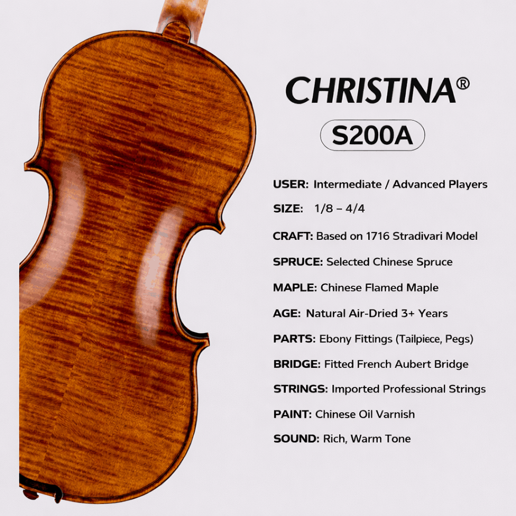 CHRISTINA S200 Carved Acoustic Violin Kit – Handmade European Spruce & Maple, Student to Adult Sizes