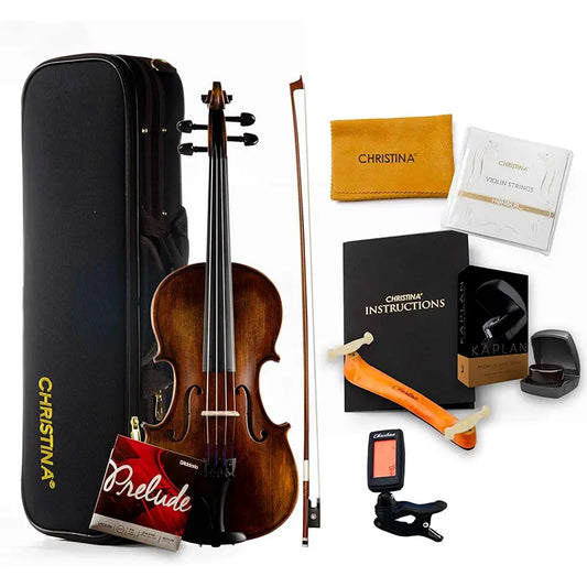 Violin set with case, bow, and accessories on a white background