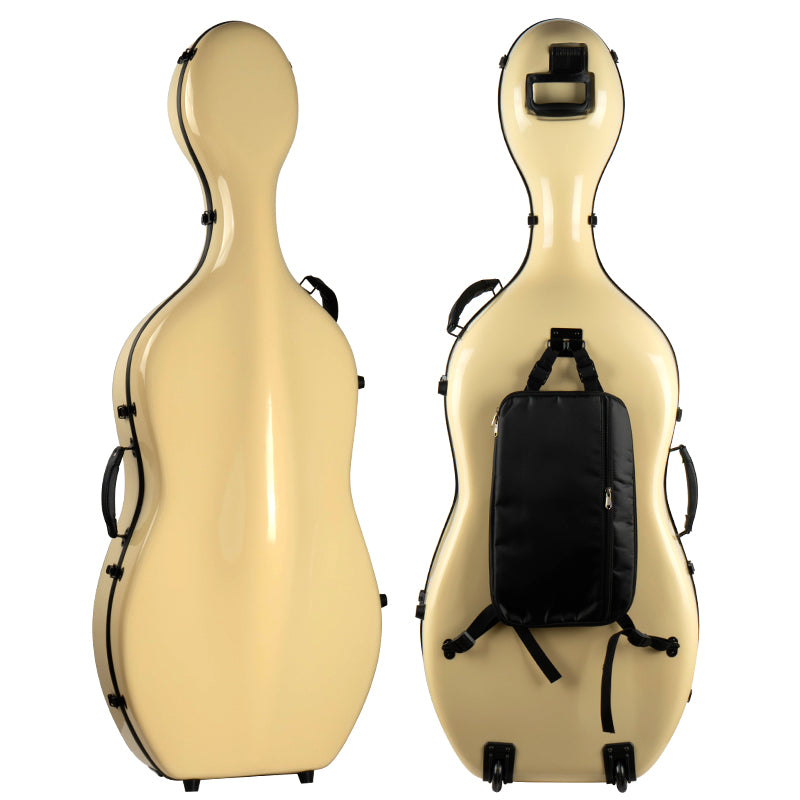 Lightweight cello case Australia with waterproof cream yellow hard shell and padded interior protection