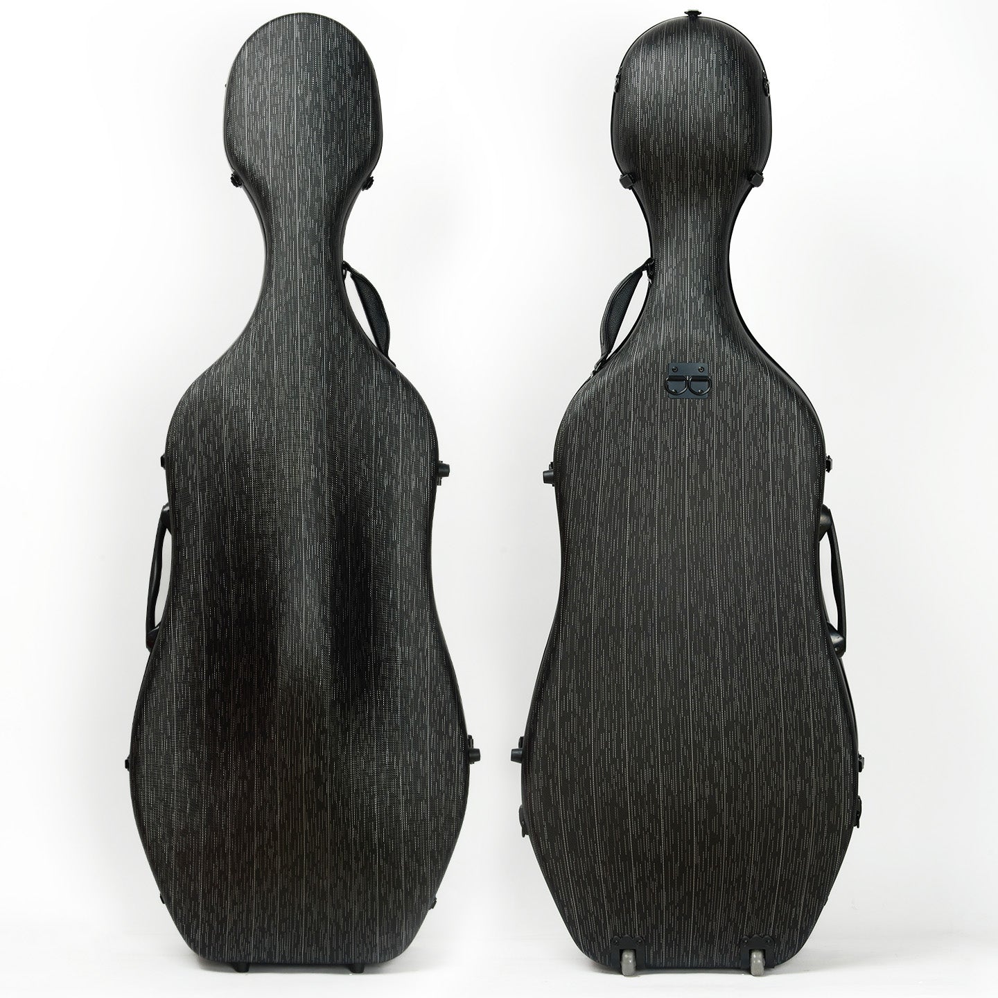 Front and back view of CHRISTINA Black Meteor 4/4 cello case with wheels for musicians