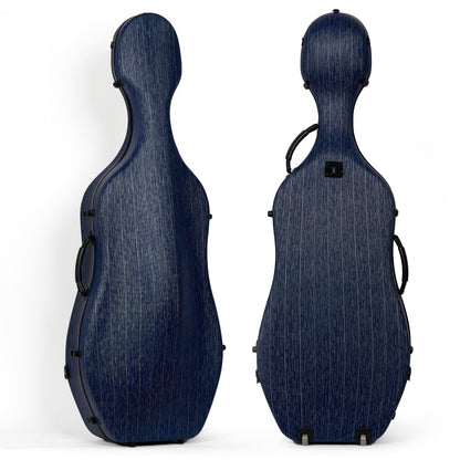 Front and rear view of lightweight hard cello case with wheels for 4/4 cello protection