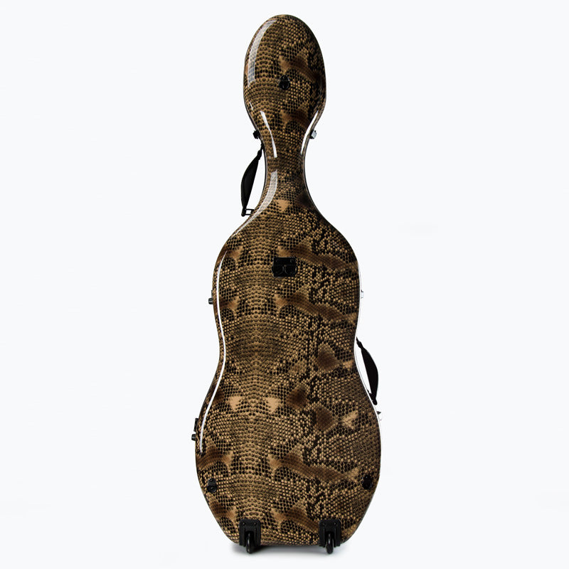 Full body rear view of lightweight cello case with backpack straps and premium snake pattern finish