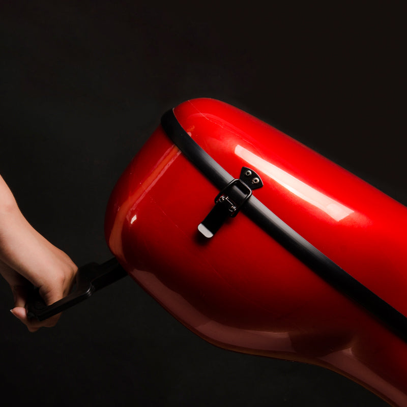 Close-up of portable cello travel case with glossy red finish and lightweight hard shell design