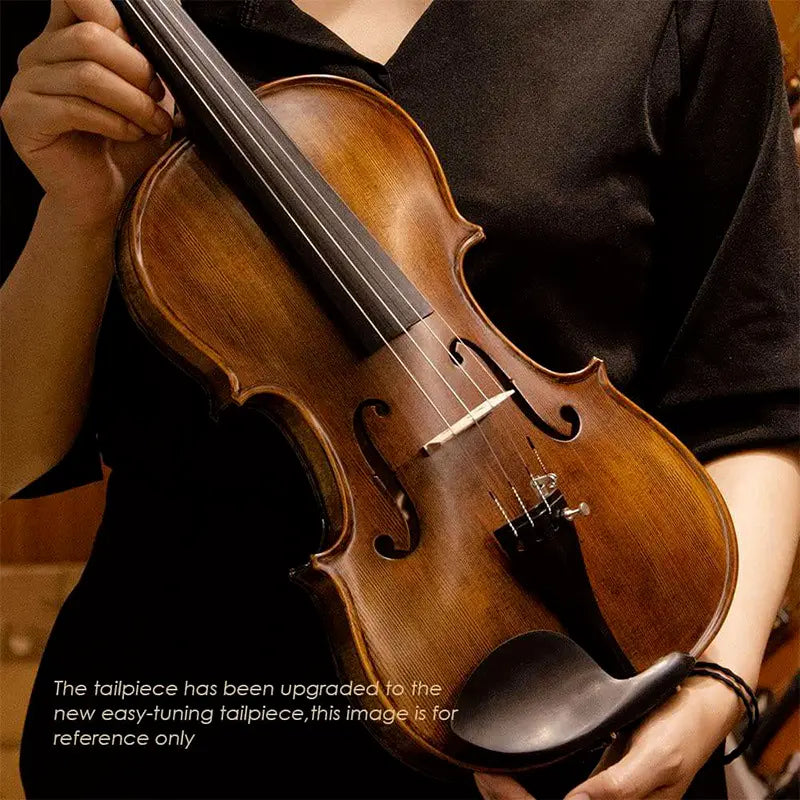 Person holding a violin with text about an upgraded tailpiece