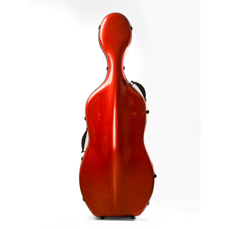 Front view of portable cello travel case for musicians and orchestra travel protection