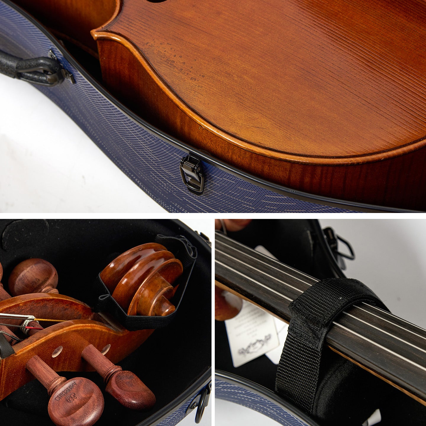 Soft padded interior of waterproof lightweight hard cello case with wheels for secure instrument protection