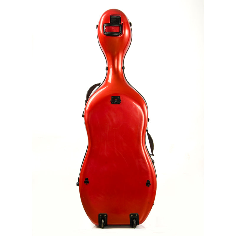 Rear profile of portable cello travel case with ergonomic lightweight structure and durable shell