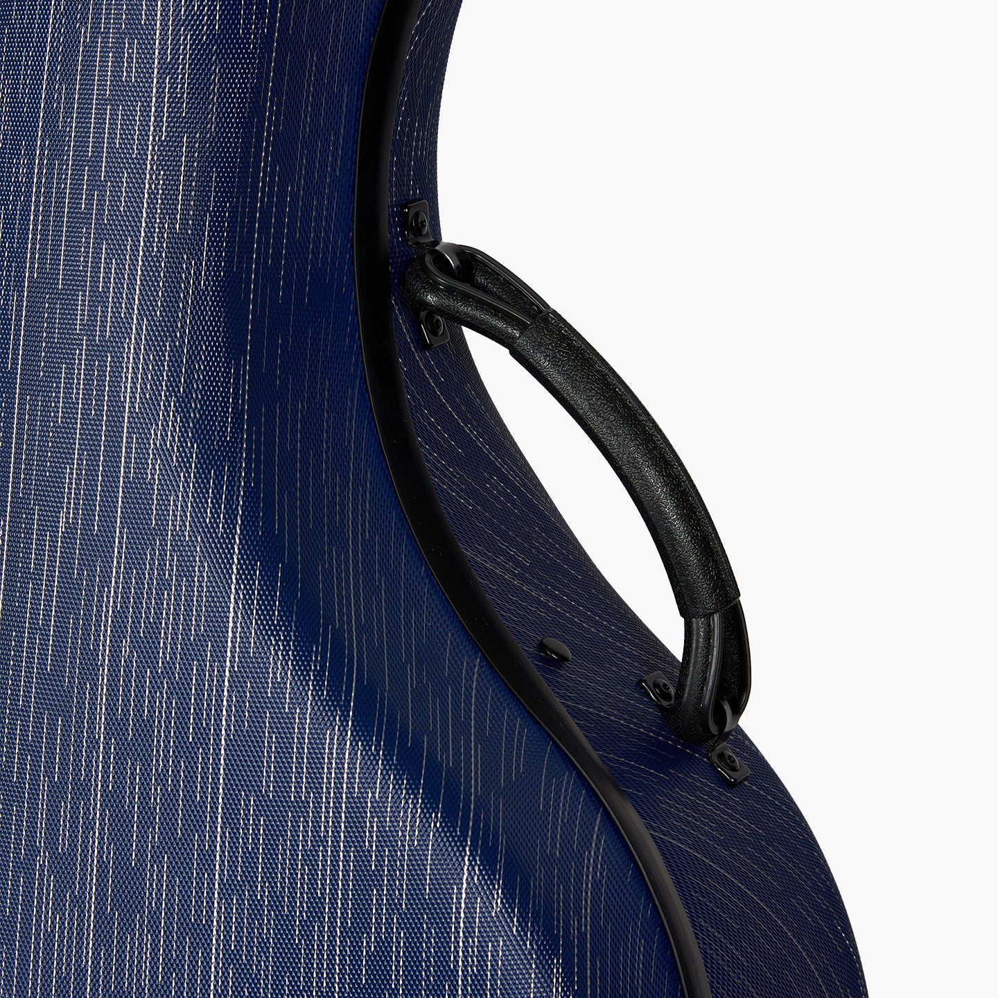 Side handle and edge protection detail on lightweight hard cello case with wheels for musicians