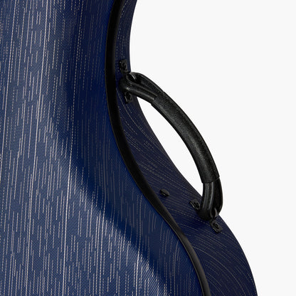 Side handle and edge protection detail on lightweight hard cello case with wheels for musicians