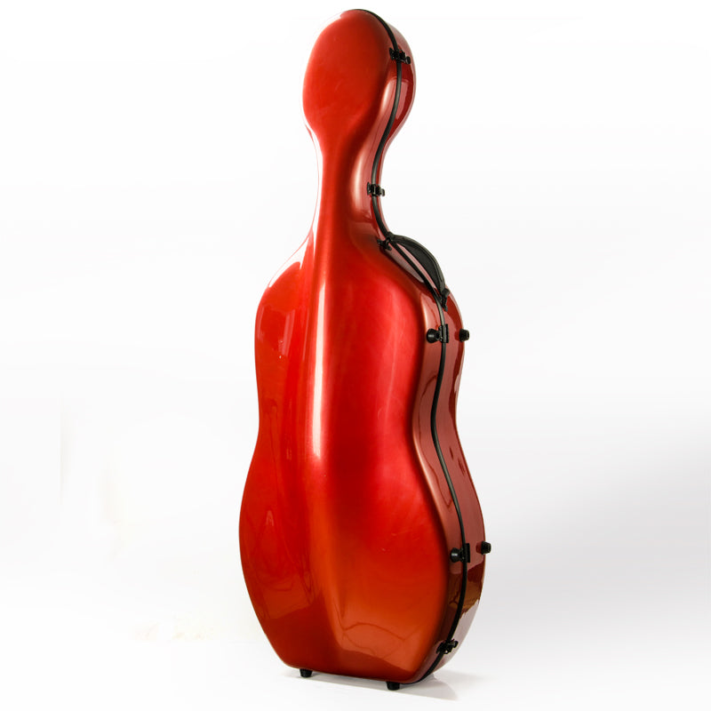 Side angle view of portable cello travel case designed for safe instrument transportation