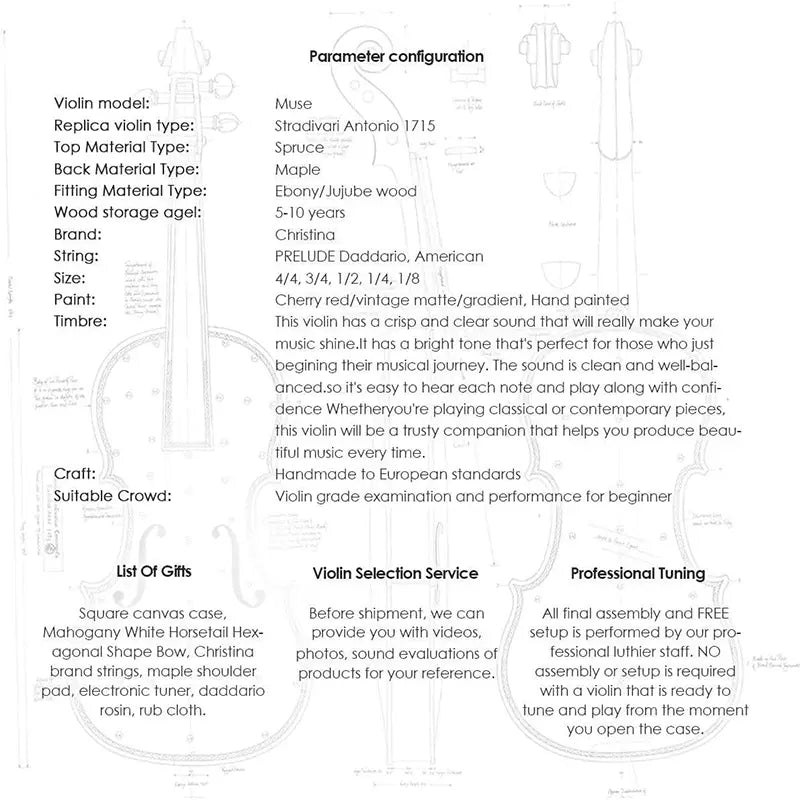 Technical specifications and features of a replica violin on a white background