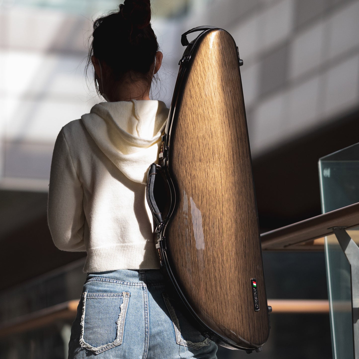 Musician carrying 4/4 violin case polycarbonate with comfortable backpack straps for travel use