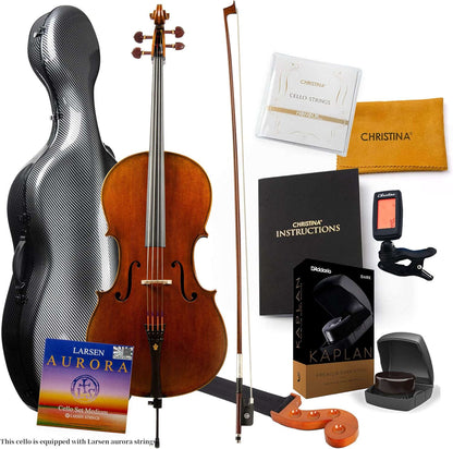 Christina C09B 4/4 Professional Handmade Cello Kit with Carbon Fiber Case and Bow - CHRISTINA