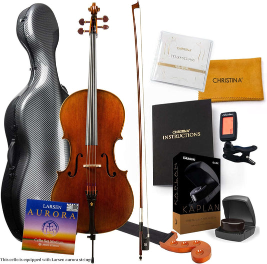 Christina C09B 4/4 Professional Handmade Cello Kit with Carbon Fiber Case and Bow - CHRISTINA