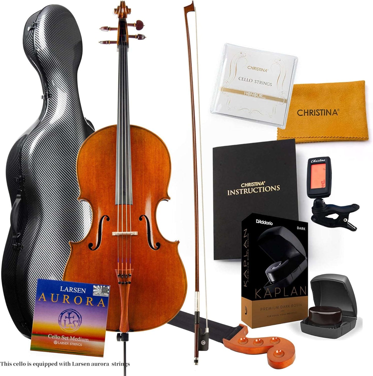 Christina C09C Full Size 4/4 Handmade Cello Kit for Adults with Carbon Fiber Case & Bow - CHRISTINA