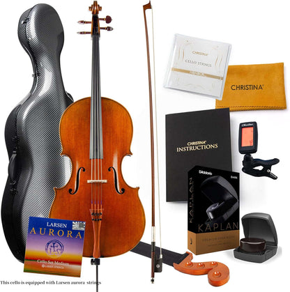 Christina C09C Full Size 4/4 Handmade Cello Kit for Adults with Carbon Fiber Case & Bow - CHRISTINA