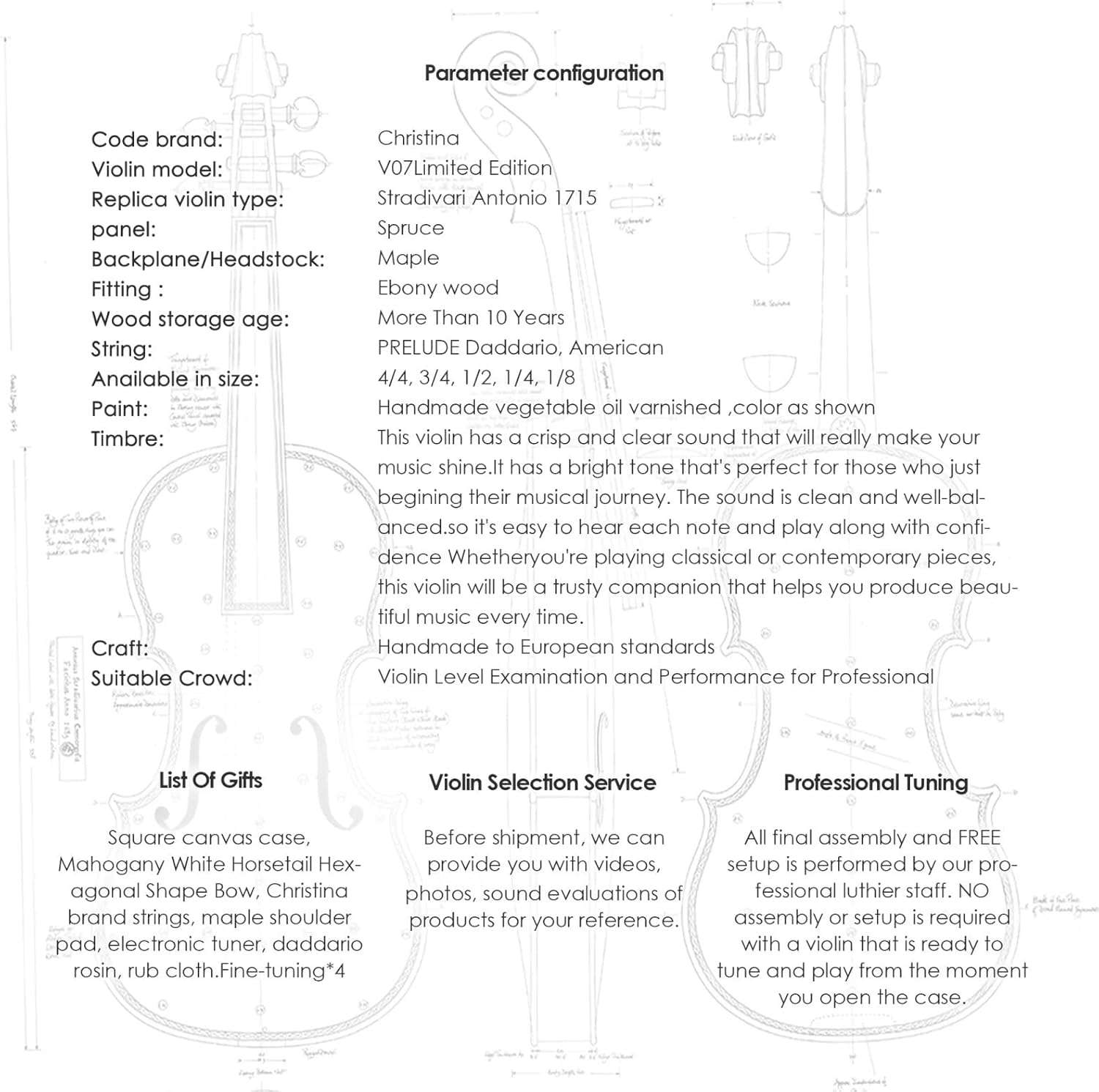 Specification sheet of CHRISTINA V07 Limited Violin Kit Australia with dimensions, materials, and features